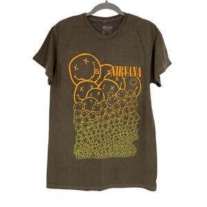 Nirvana Smiley Face Pile Grunge Band Tee Brown Acid Wash Medium